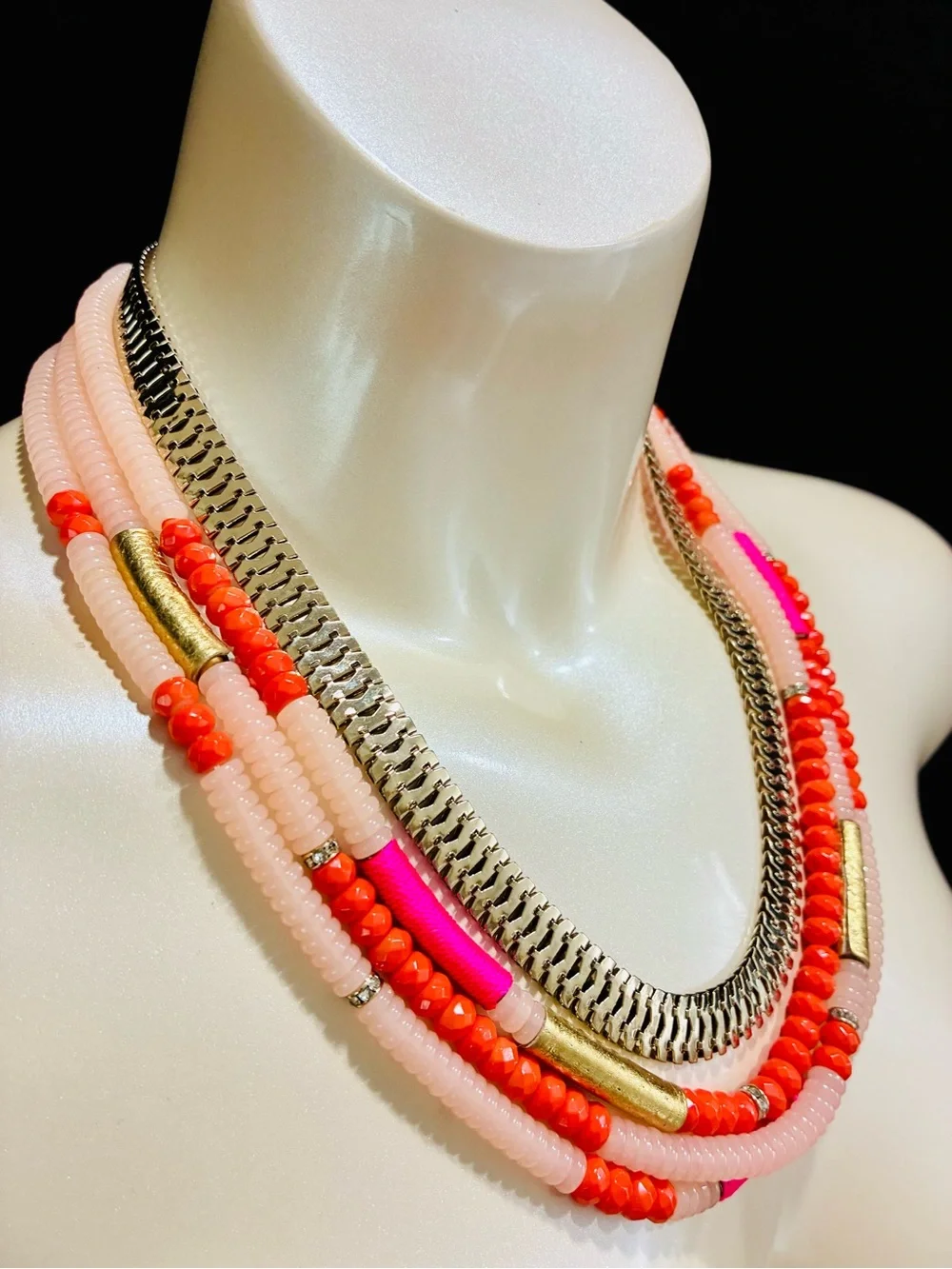 Layered Pink & Coral Beaded Statement Necklace with Gold Accents